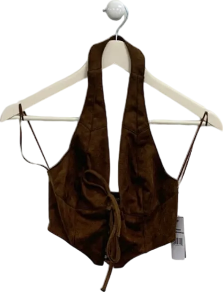 AFRM Mocha Brown Suede Lace-Up Halter Top UK XS