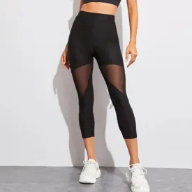 Amy Fashion - Black Patchwork Mesh Capris Leggings