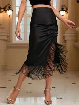 Asymmetric Satin Fringe Trendy Trim Ruched Midi Skirts