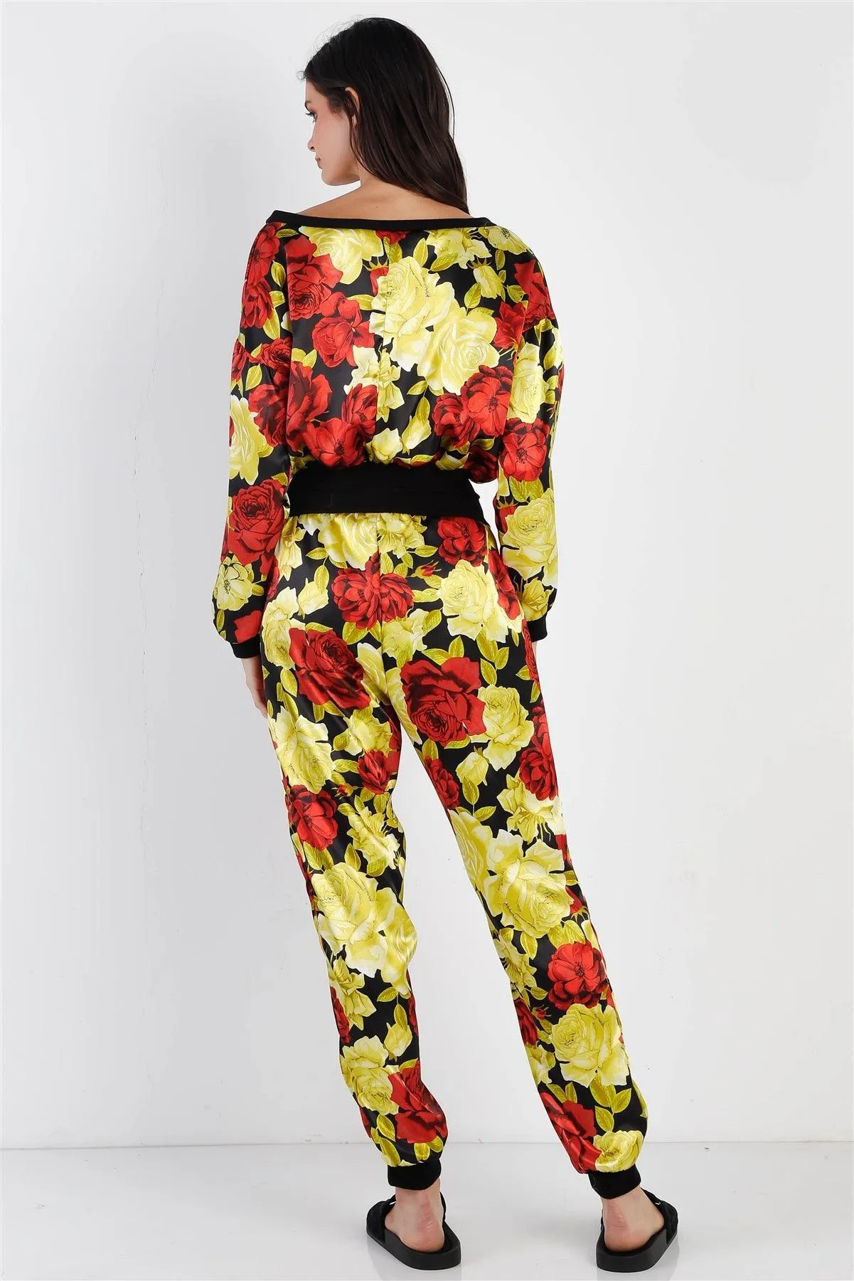 Black & Satin Effect Red & Lime Floral Print V-Neck Top & Pants Set /2-2-2