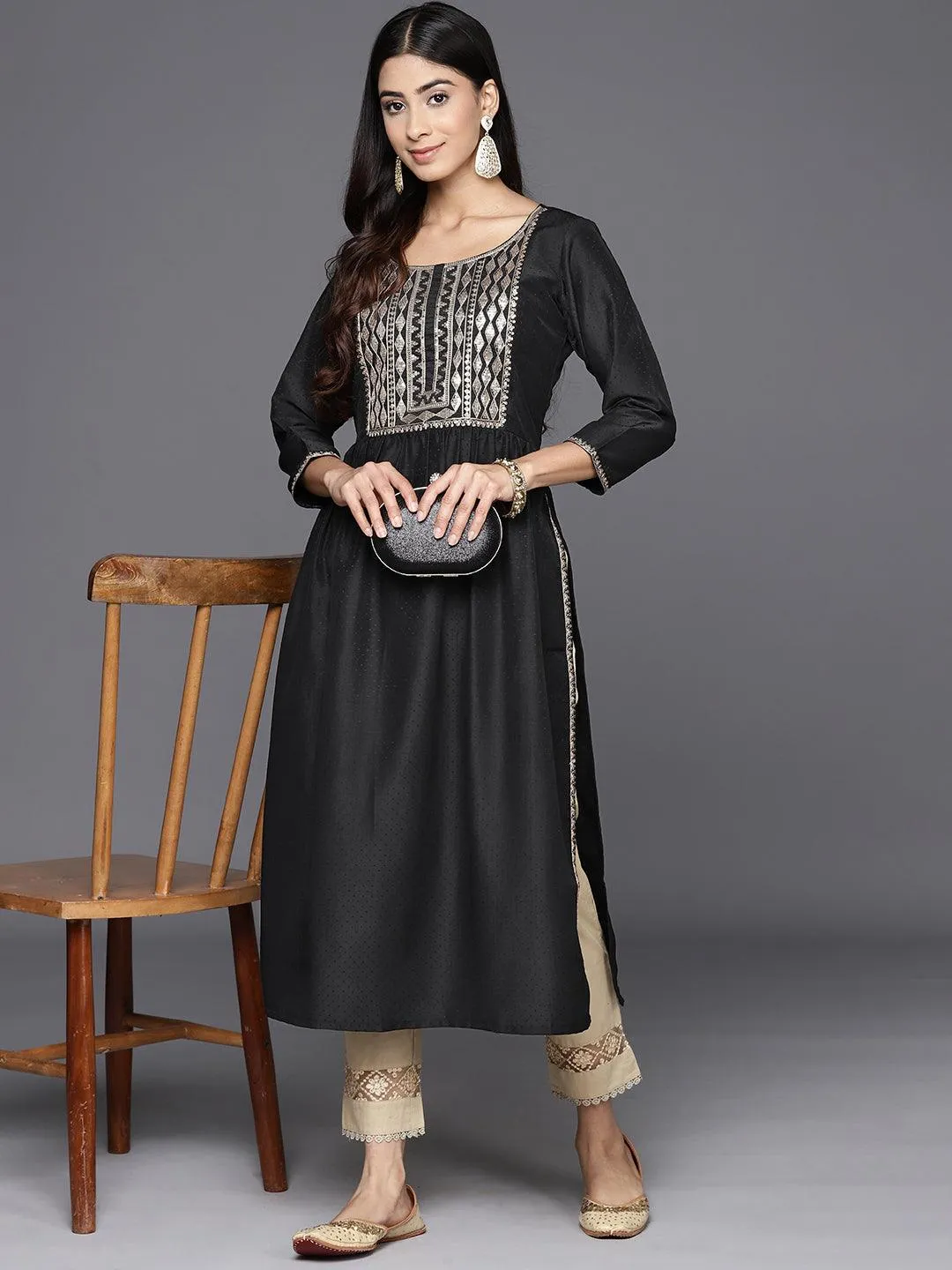 Black Yoke Design Silk A-Line Kurta