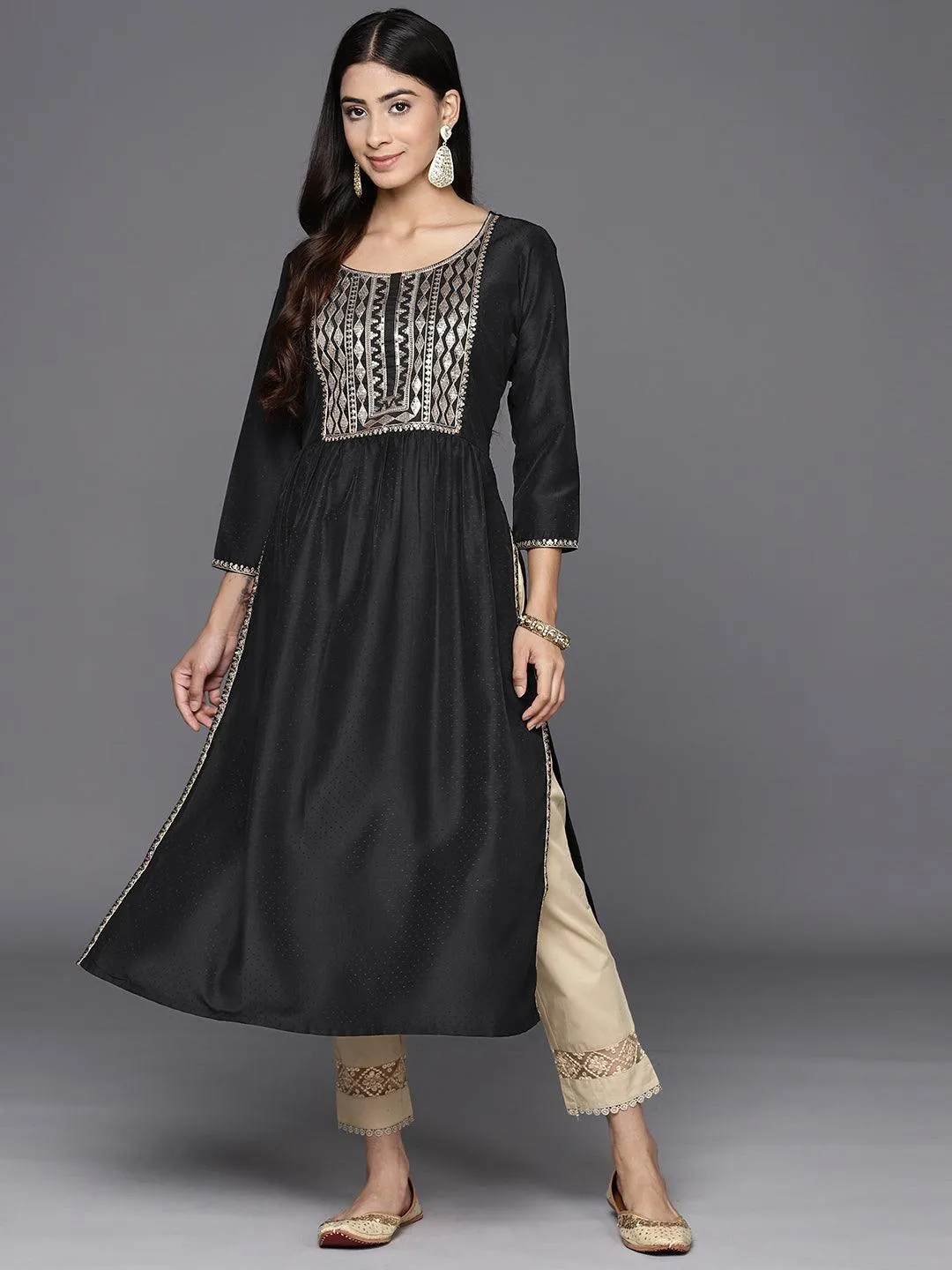 Black Yoke Design Silk A-Line Kurta