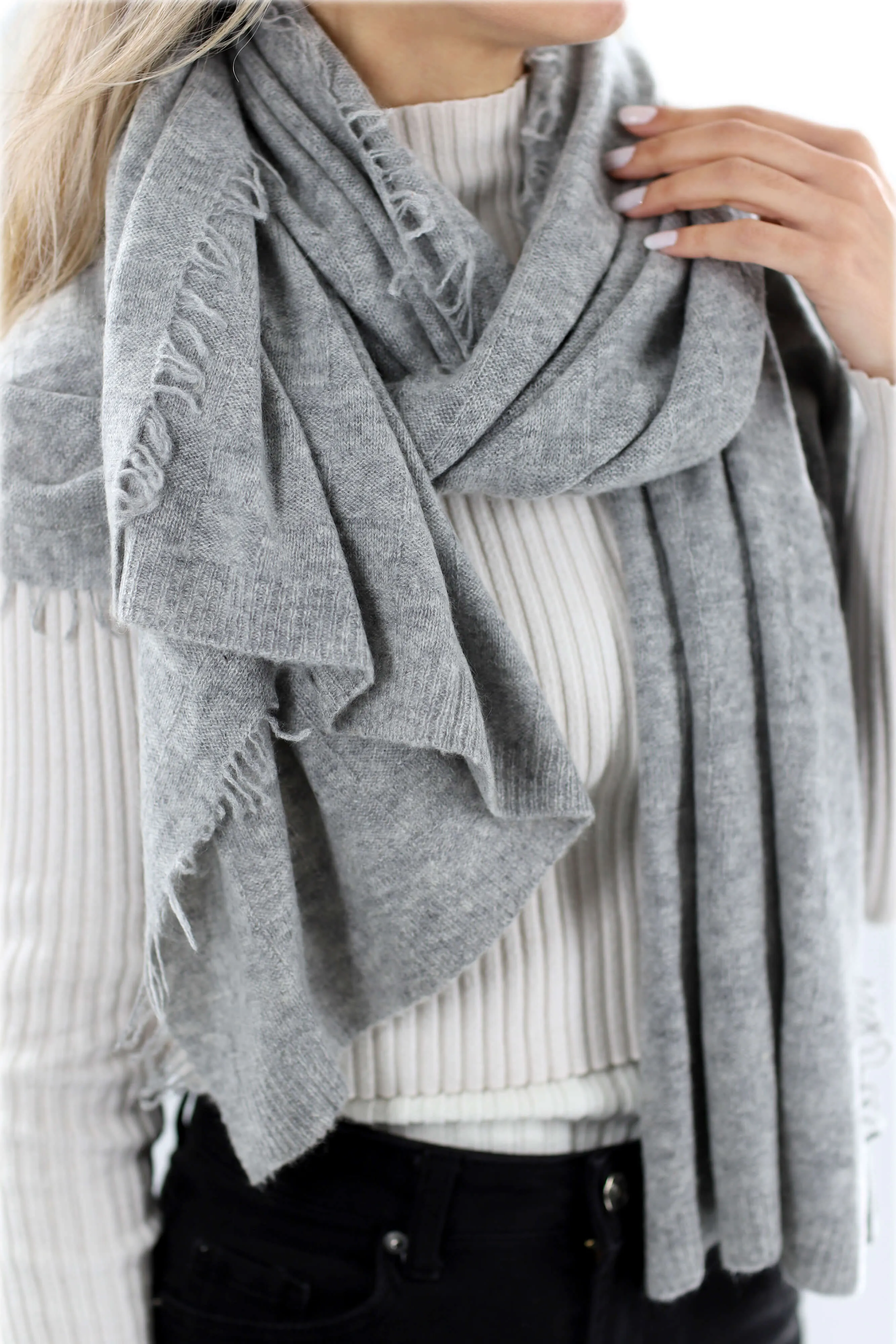 Box Knit Cashmere Blend Scarf - Grey