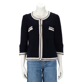 Chanel Navy & White Cashmere Gold Button Cardigan FR 42