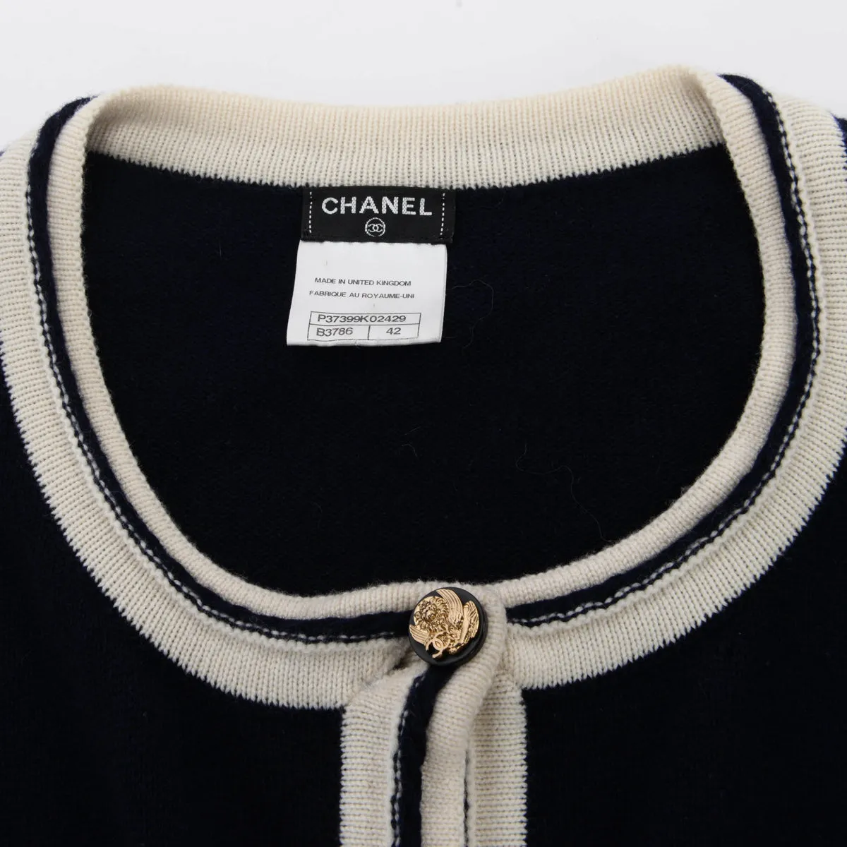 Chanel Navy & White Cashmere Gold Button Cardigan FR 42