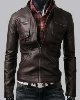 Classic Dark Brown Zip Pocket Leather Jacket