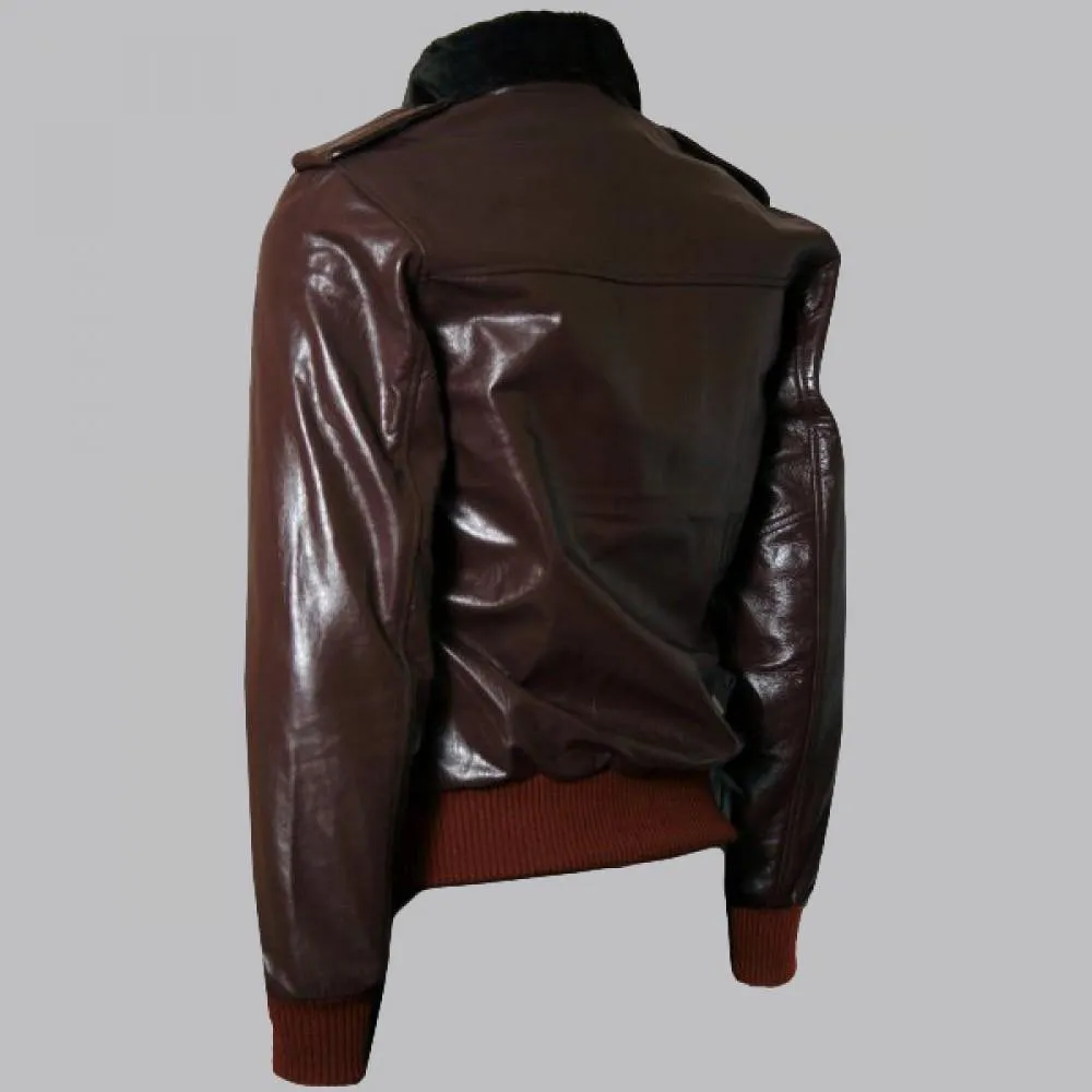 Classic R. J. Macready Brown Bomber Leather Jacket with Fur Collar