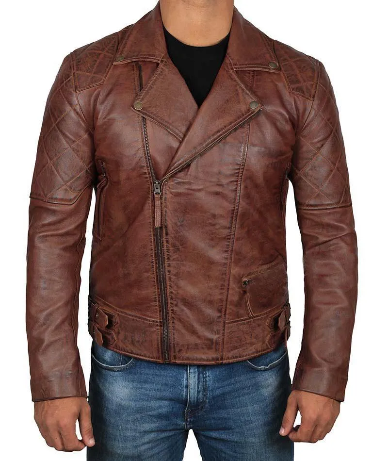 Dark Brown Quilted Asymmetrical Vintage Biker Lambskin Leather Jacket