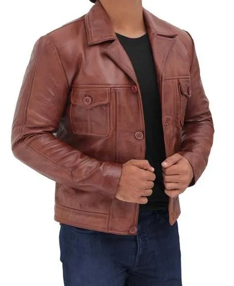 Distressed Lambskin Brown Leather Jacket with Flap Pockets