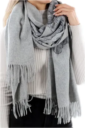 Floral Print Grey Cashmere Wrap - One Size (28x72)