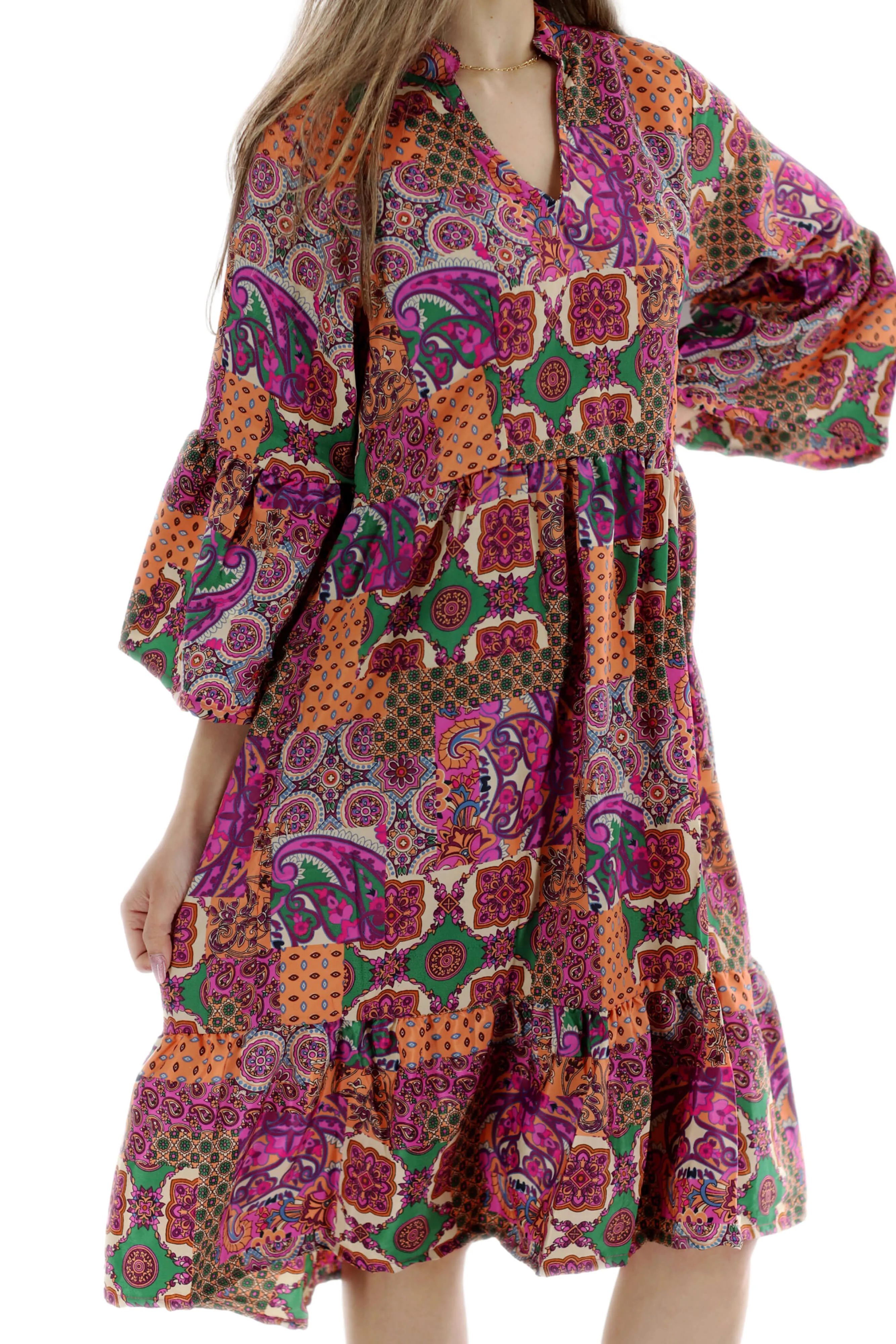 Flowy Paisley "Capri" Above Knee Dress Pink Multi