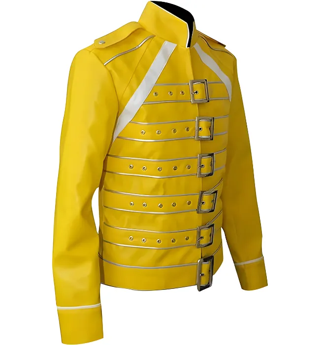 Freddie Mercury Wembley Concert Military Strap Queen Yellow Leather Biker Jacket