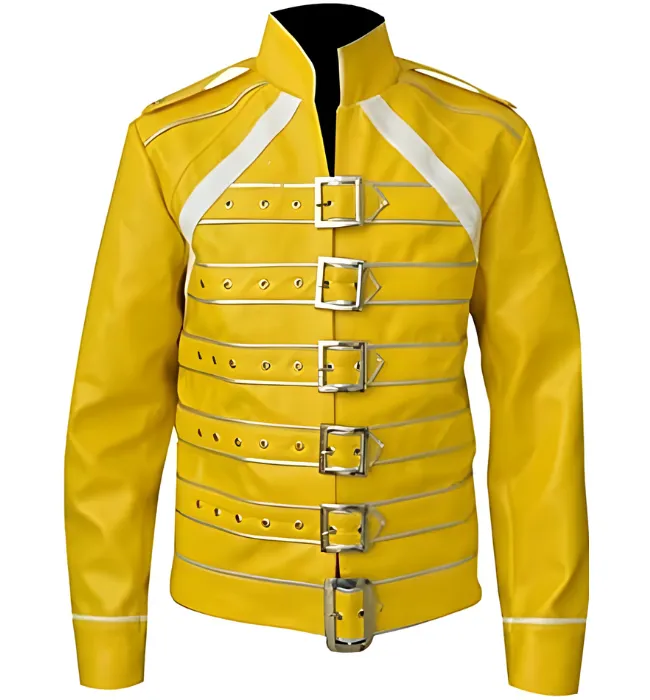 Freddie Mercury Wembley Concert Military Strap Queen Yellow Leather Biker Jacket