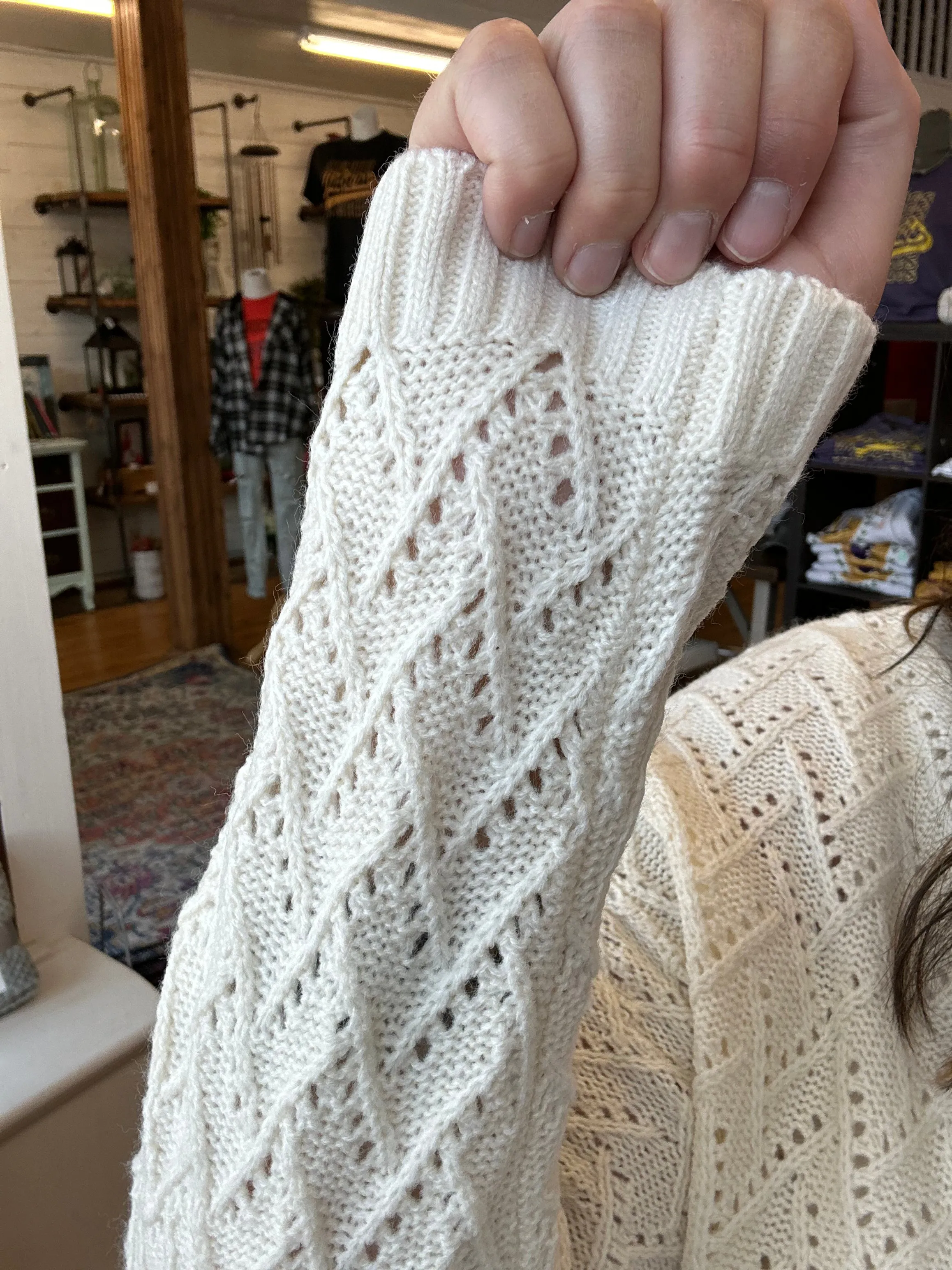 Ivory Solid Color Eyelet Knit Sweater