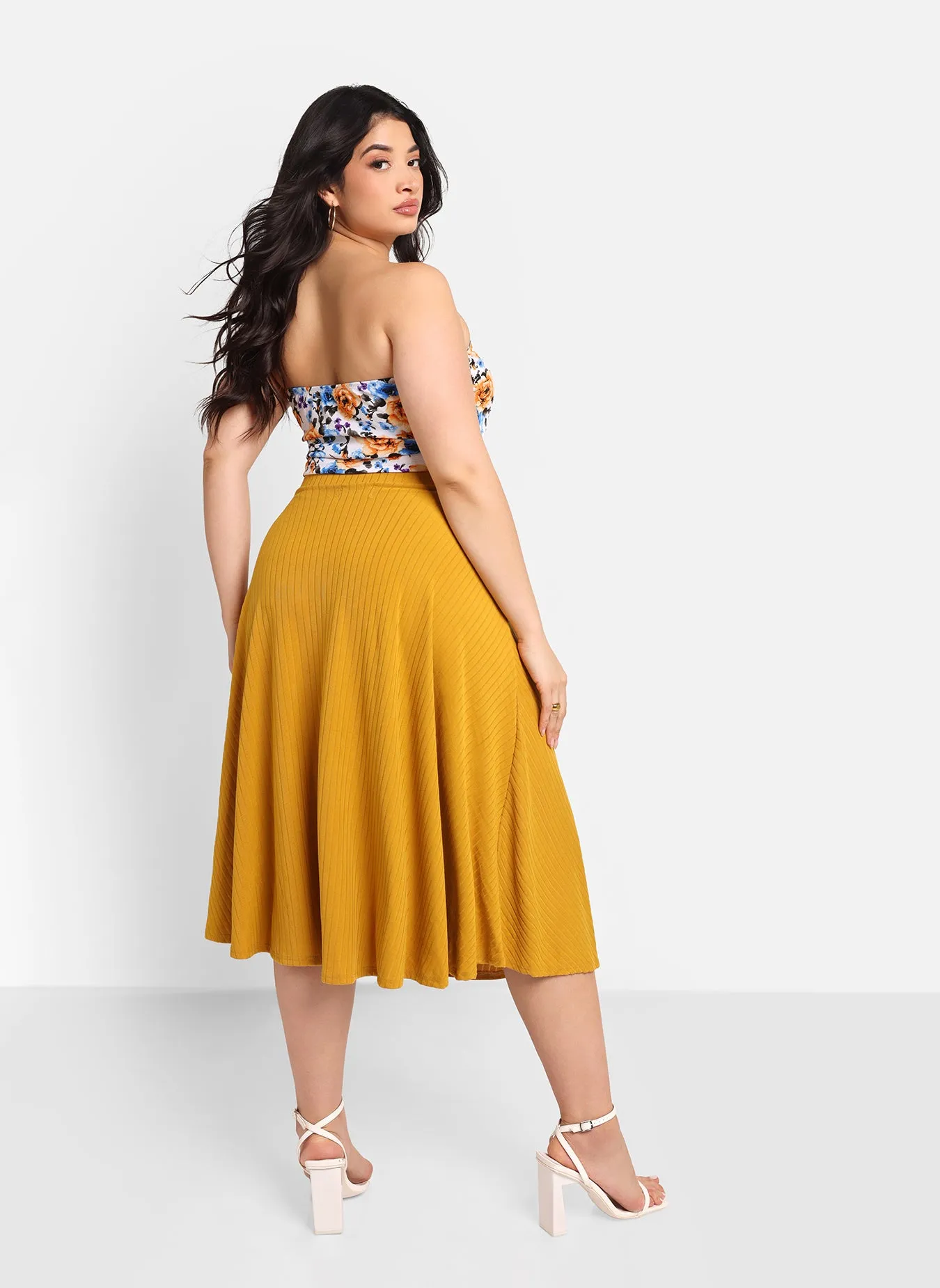 Jeanne Ribbed Midi A Line Skirt - Mustard