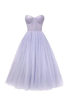 Lavender Strapless Puffy Midi Tulle Dress