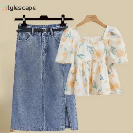 LVSANW 2024 New Summer Outfit Women's Short Sleeved Top, Women's Body Covering and Slimming Denim Skirt Two Piece Set for Woman