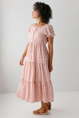 'Peggy' Square Neck Button Down Gingham Dress in Blush