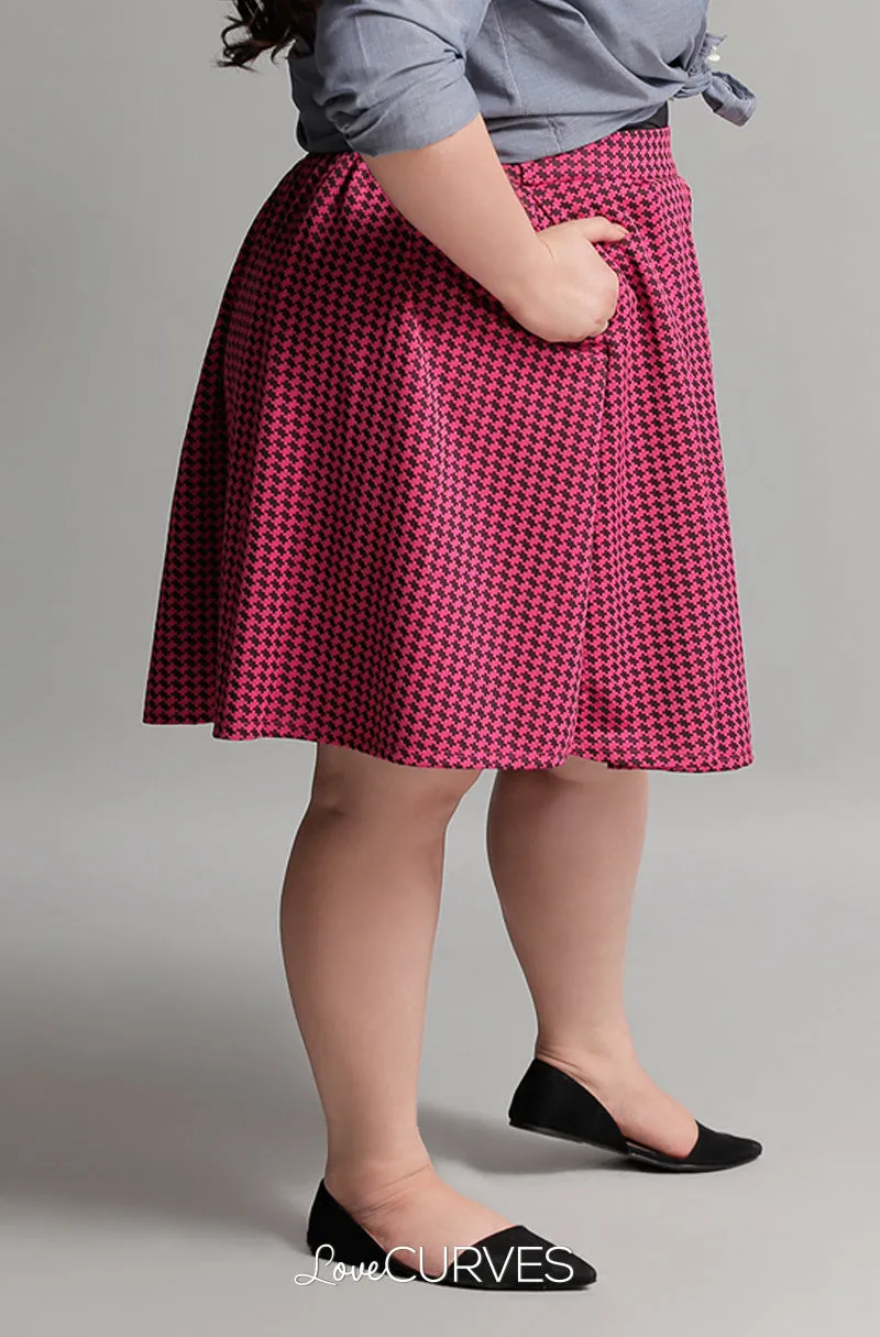 Pleated Skirt with Side Pockets and Belt - Pink Houndstooth - GRA