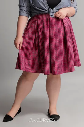 Pleated Skirt with Side Pockets and Belt - Pink Houndstooth - GRA