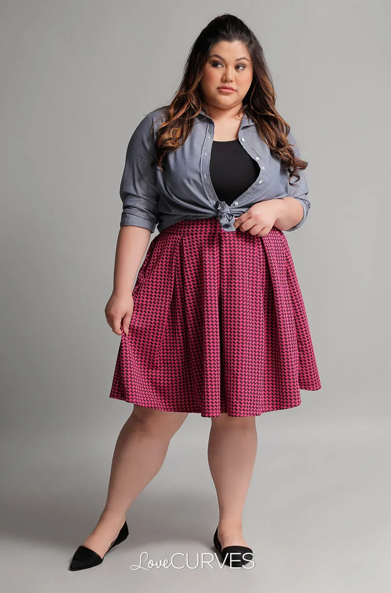 Pleated Skirt with Side Pockets and Belt - Pink Houndstooth - GRA