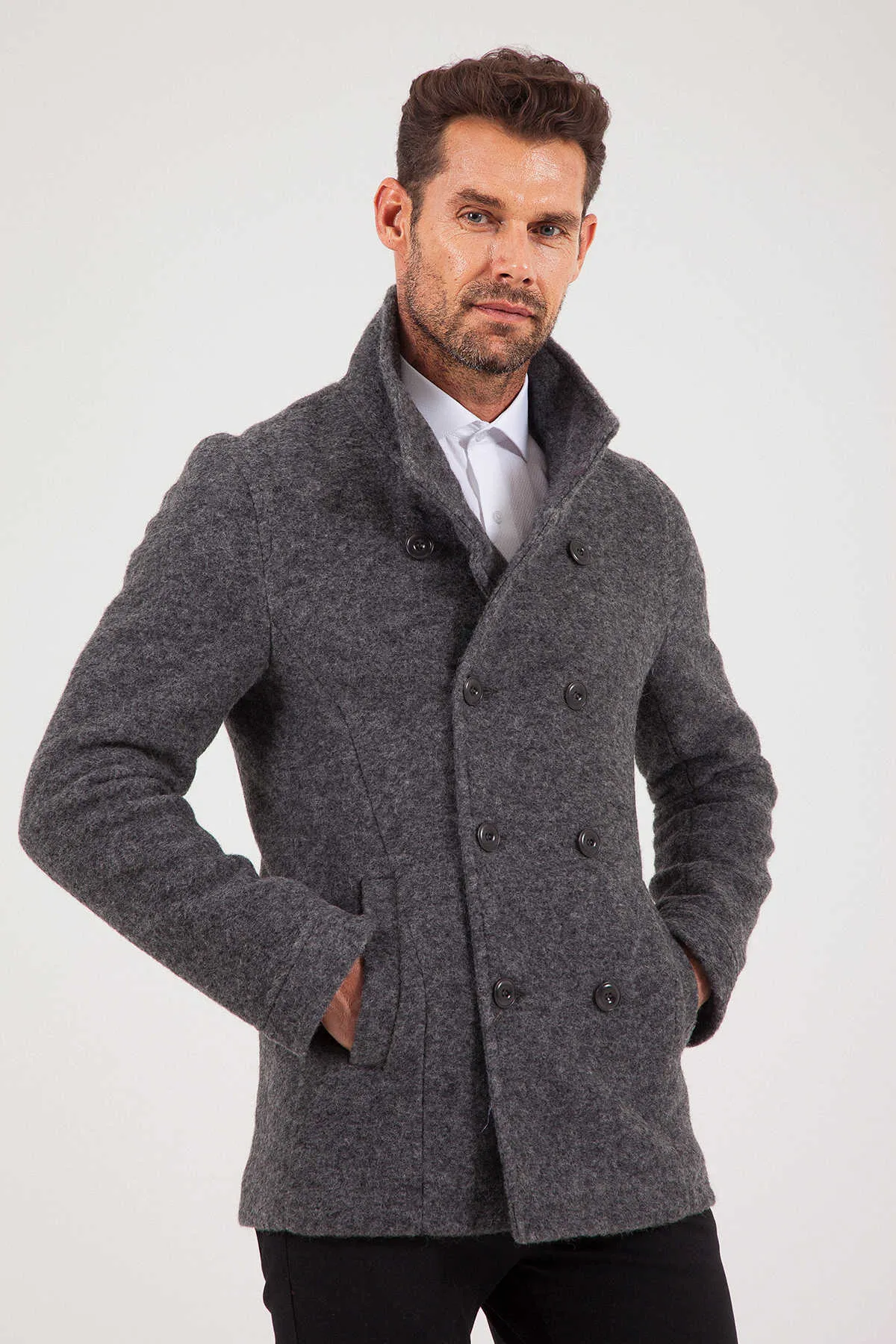 Slim Fit Notch Lapel Alpine Wool Gray Overcoat, Dark Gray