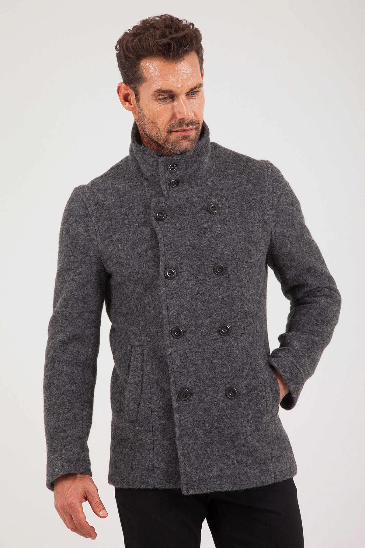 Slim Fit Notch Lapel Alpine Wool Gray Overcoat, Dark Gray