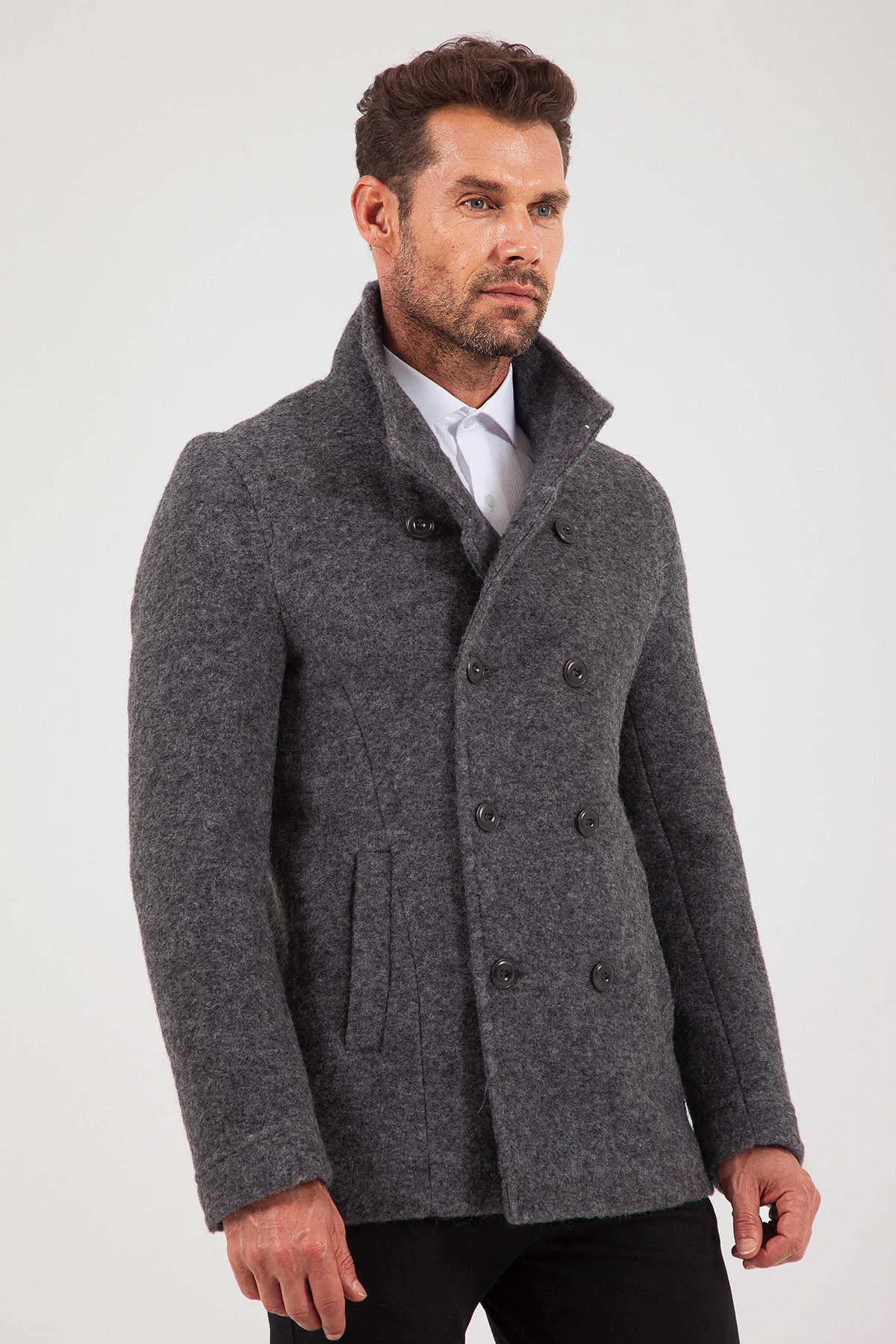 Slim Fit Notch Lapel Alpine Wool Gray Overcoat, Dark Gray