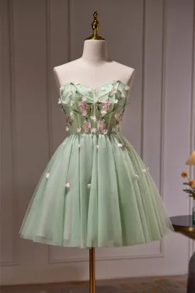 Sweetheart Green Tulle A-line Short Dress with 3D Flowers