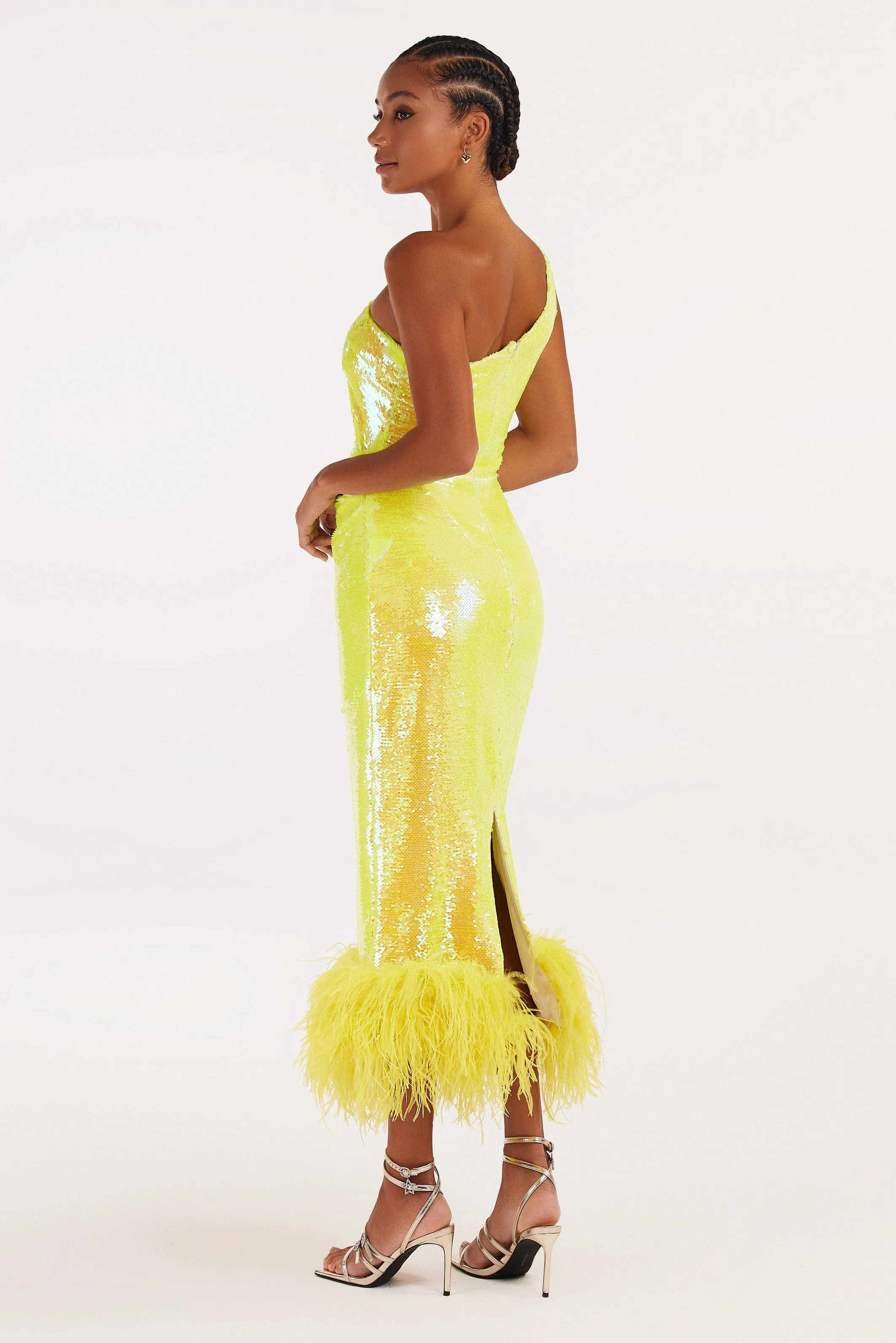 Vivid one-shoulder yellow sparkling wrapped midi dress